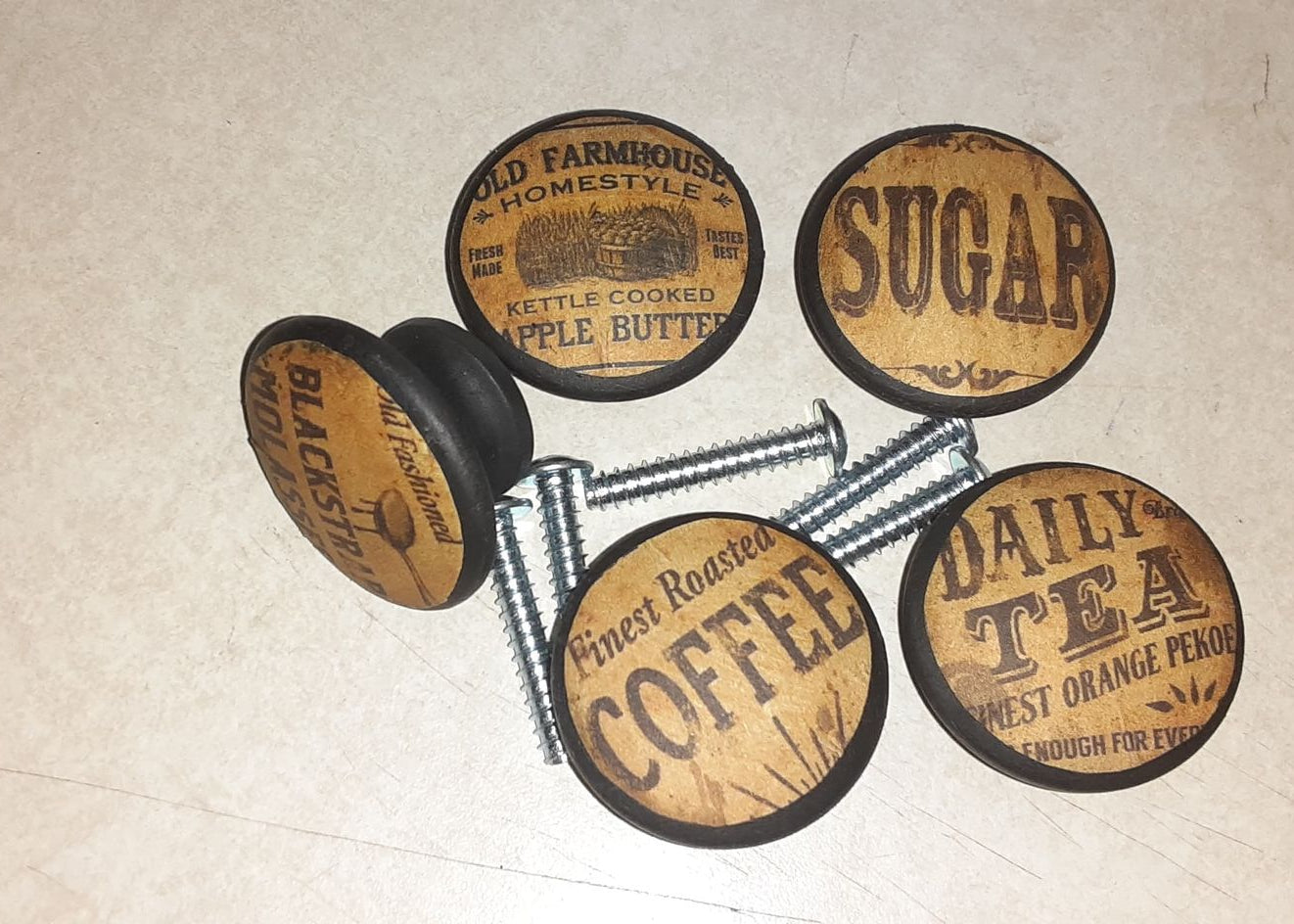 Rustic Coffee Sugar Kitchen Cabinet Knobs – Set of 5 | Handmade Vintage Dresser Pulls