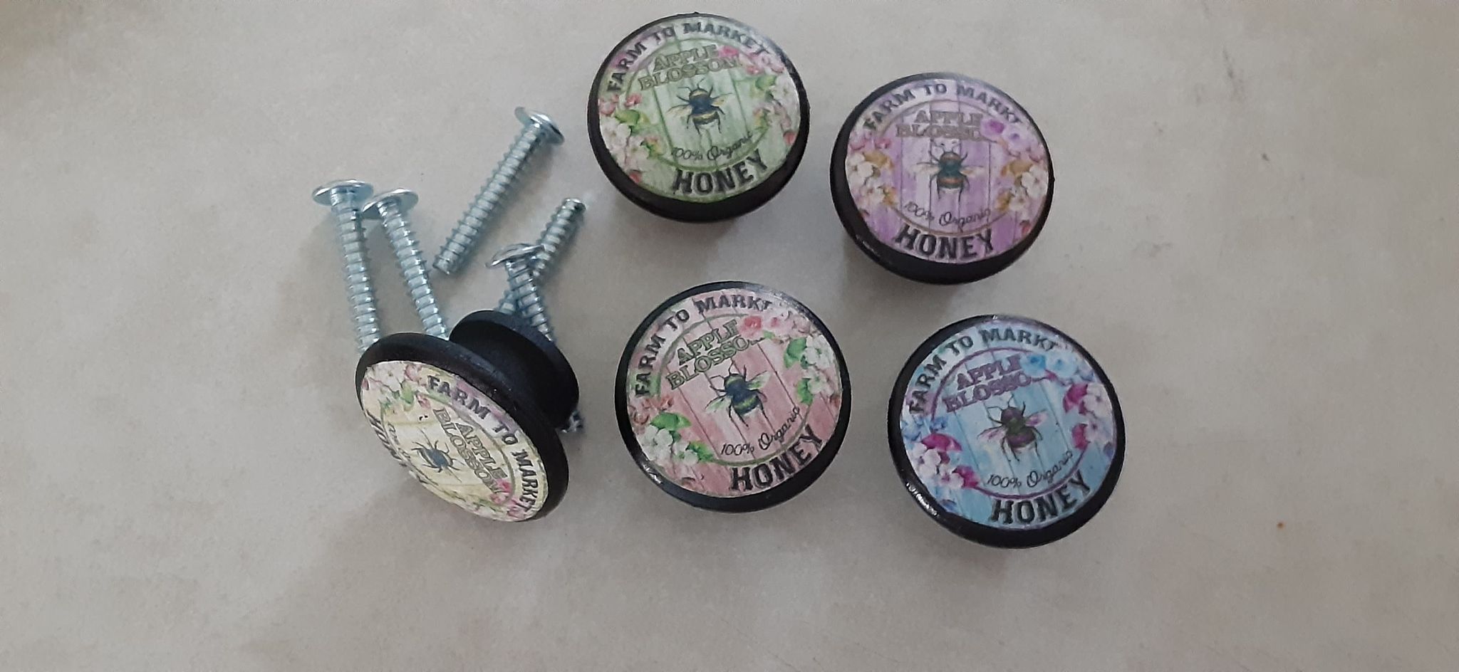 Colorful Honey Bees Kitchen Cabinet Knobs – Set of 5 | Handmade Dresser Pulls