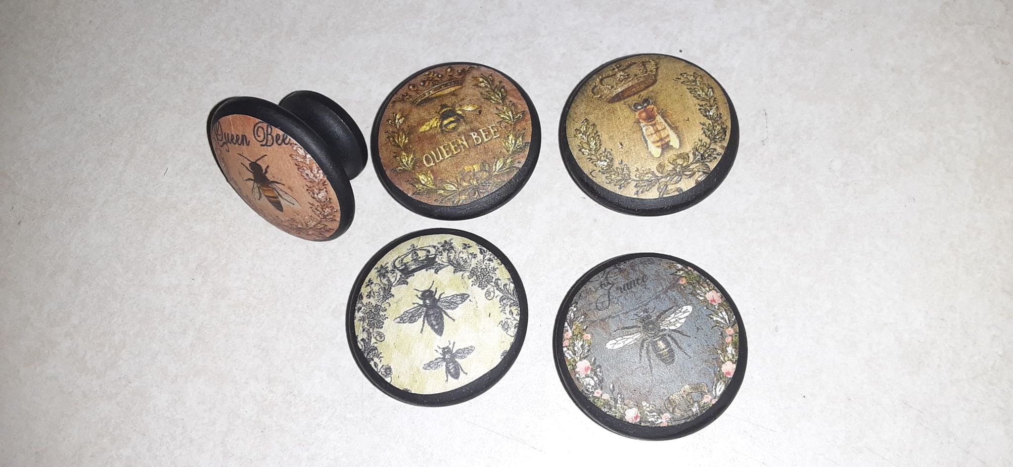 Rustic French Queen Bee Kitchen Cabinet Knobs – Set of 5 | Handmade Dresser Pulls